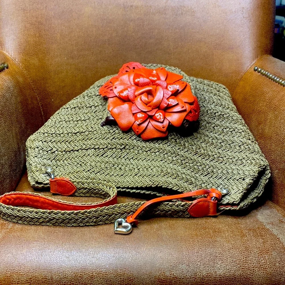 BRIGHTON JUTE AND ROSE CORAL LEATHER LARGE BAG